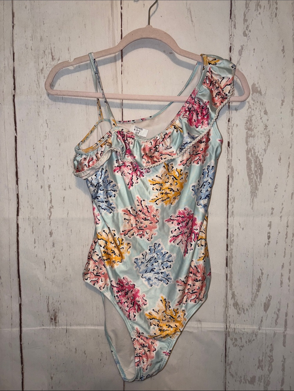 crown & ivy Pastel Aqua One-Shoulder Coral Print Girls Swimsuit